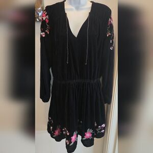 a.n.a Black Long Sleeve Dress with Embriodered Floral Accents L